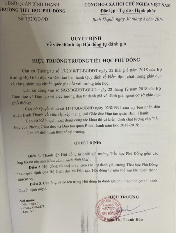 Quyết định công nhận đạt tiêu chuẩn chất lượng giáo dục năm học 2019-2020